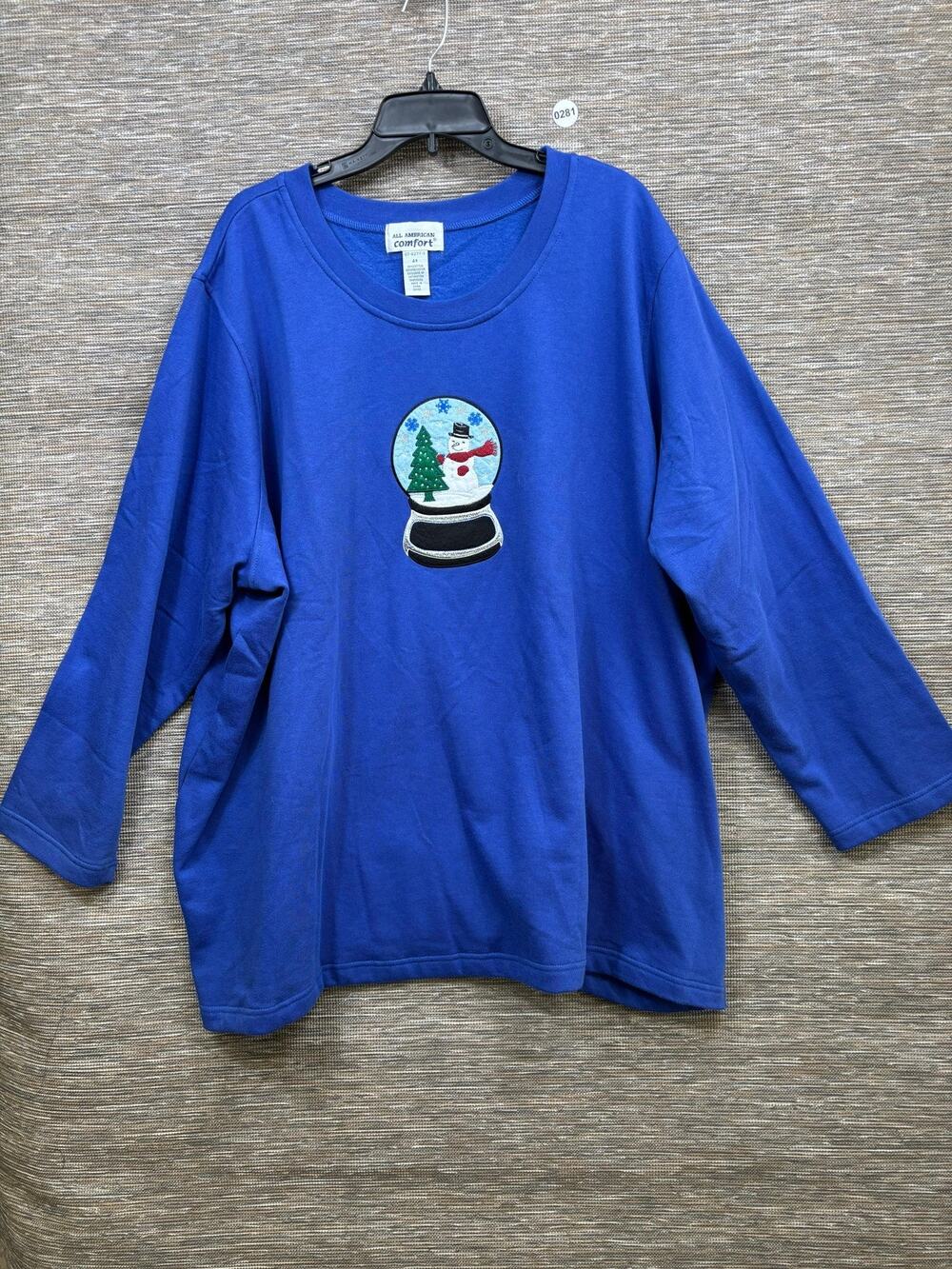 All American Comfort Shirt Womens 4X Blue Snowman Fleece 3/4 Sleeve Tunic Top
